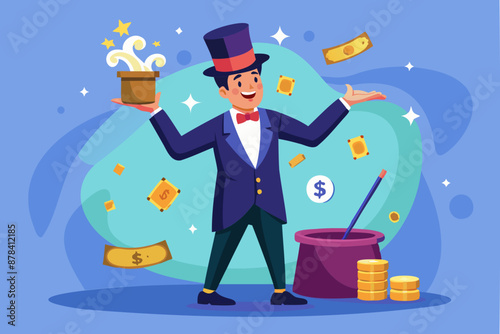 Wealthy businessman magician conjuring money from magical hat, financial success and investment profit concept