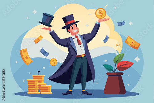 Wealthy businessman magician conjuring money from magical hat, financial success and investment profit concept