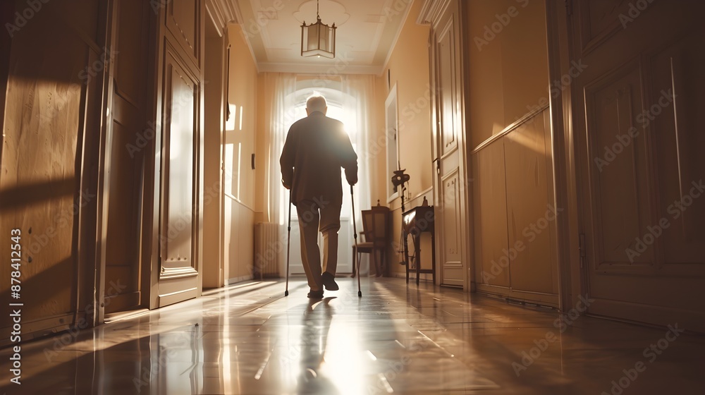 Elderly Man Utilizing Cane to Traverse Beautifully Lit Hallway in Home Elderly Man Utilizing Cane to Traverse Beautifully Lit Hallway in Home