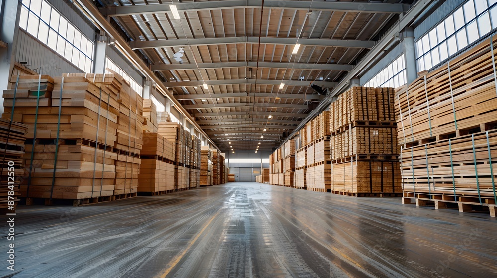 A warehouse filled with pallets of wooden planks, showcasing the large stockroom space for timber products in an industrial setting. A warehouse filled with pallets of wooden planks, showcasing the large stockroom space for timber products in an industrial setting.