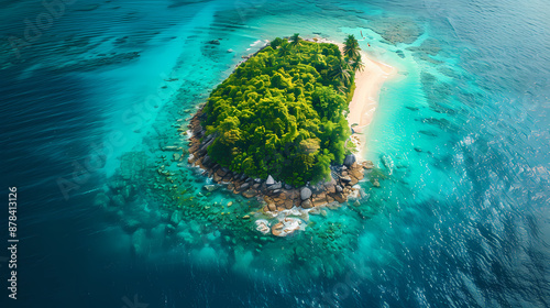 Drone view of a picturesque island with white sandy beaches, turquoise waters, and a coral reef surrounding it, making it a perfect paradise for nature lovers and vacationers