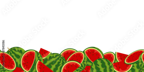 watermelon seamless border, a lot of ripe juicy watermelons lies at the bottom in a horizontal strip. vector illustration, banner with whole sweet fruits and pieces in cartoon style