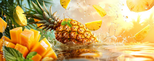 Juicy pineapple chunks, mango slices, and mint leaves floating mid-air with splashes of water, set against a tropical sunset background, capturing exotic freshness. photo