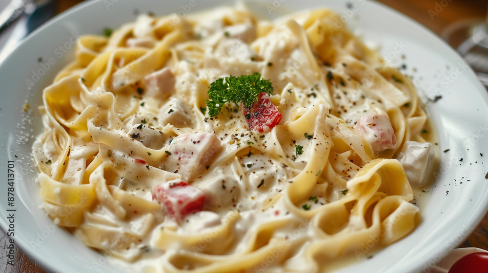 pasta with cream sauce, close up pasta with cream sauce, close up