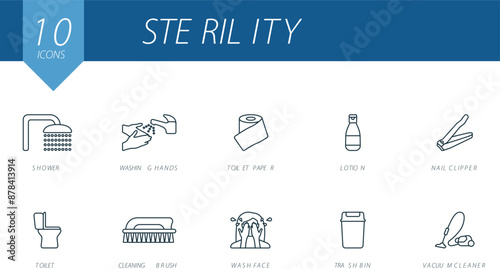 Sterility outline icons set. Creative icons: shower, washing hands, toilet paper, lotion, nail clipper, toilet, cleaning brush, wash face, trash bin, vacuum cleaner.