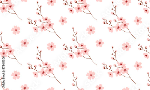 Seamless pattern with sakura. Pink cherry blossom flower branch in full bloom. Flat Vector illustration 