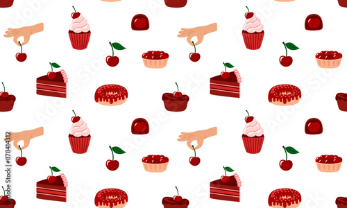 Cherry berry food seamless pattern. Summer sweets and desserts with the taste of Cherry. Cake, cupcake, donut with taste of cherries. Flat Vector illustration isolated on white background