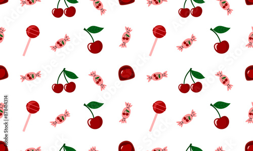 Sweet lollipops with cherry flavor seamless pattern. Hard candy with taste cherry. Flat Vector illustration isolated on white background