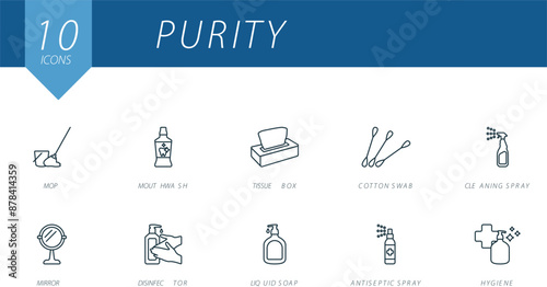 Purity outline icons set. Creative icons: mop, mouthwash, tissue box, cotton swab, cleaning spray, mirror, disinfector, liquid soap, antiseptic spray, hygiene.