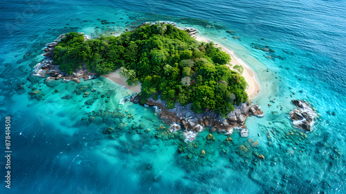Drone view of a picturesque island with white sandy beaches, turquoise waters, and a coral reef surrounding it, making it a perfect paradise for nature lovers and vacationers
