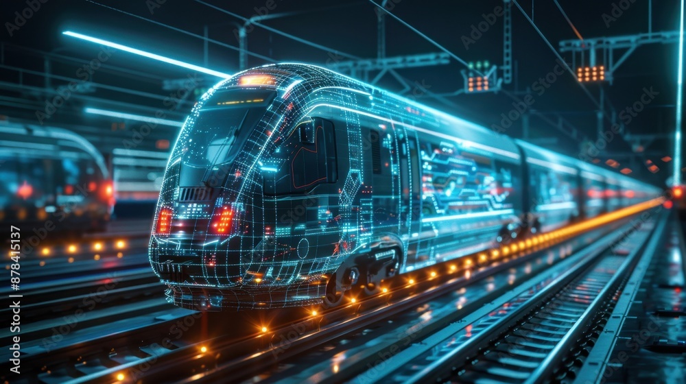 Future logistics smart freight trains, showcasing automated train systems in a futuristic rail network, emphasizing speed and efficiency. Future logistics smart freight trains, showcasing automated train systems in a futuristic rail network, emphasizing speed and efficiency.