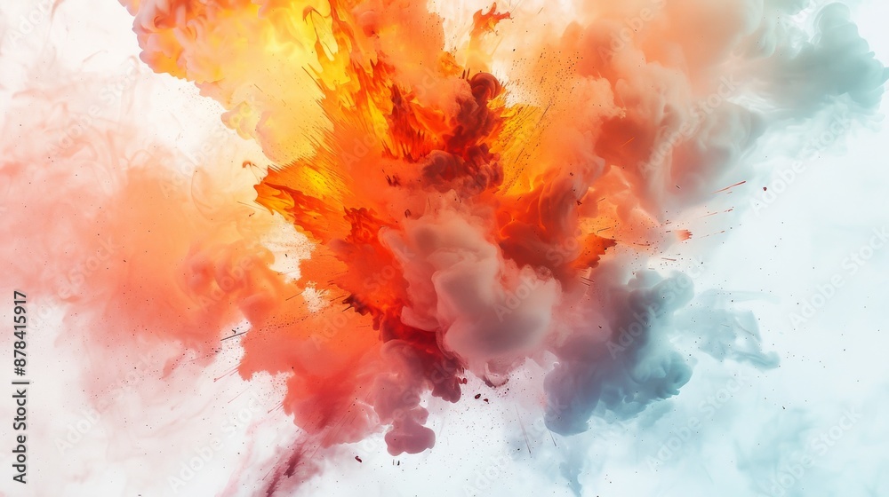 Vibrant ink explodes in water, mixing to create colorful shapes on a white background. Blue, red, orange, and yellow hues evoke fantasy and creativity in this stunning art Vibrant ink explodes in water, mixing to create colorful shapes on a white background. Blue, red, orange, and yellow hues evoke fantasy and creativity in this stunning art