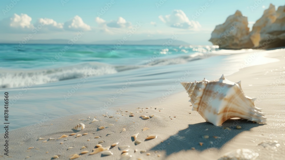 anime style, Beautiful conch on the beach, white sand, at Greek uninhabited island,First Perspective, anime style, Beautiful conch on the beach, white sand, at Greek uninhabited island,First Perspective,