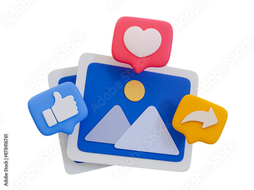 Foto 3D illustration of social media icons with photos, a like button, a love heart, and a share arrow, representing social media engagement