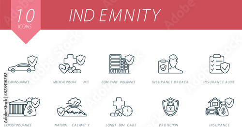 Indemnity outline icons set. Creative icons: car insurance, medical insurance, company insurance, insurance broker and more