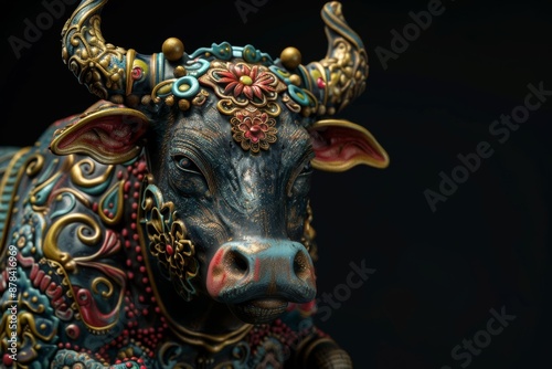 Wallpaper Mural Intricately designed cow statue with vibrant colors and patterns, set against a black background, highlighting its craftsmanship. Torontodigital.ca