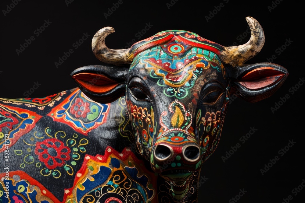 Naklejka premium Intricately designed cow statue with vibrant colors and patterns, set against a black background, highlighting its craftsmanship.