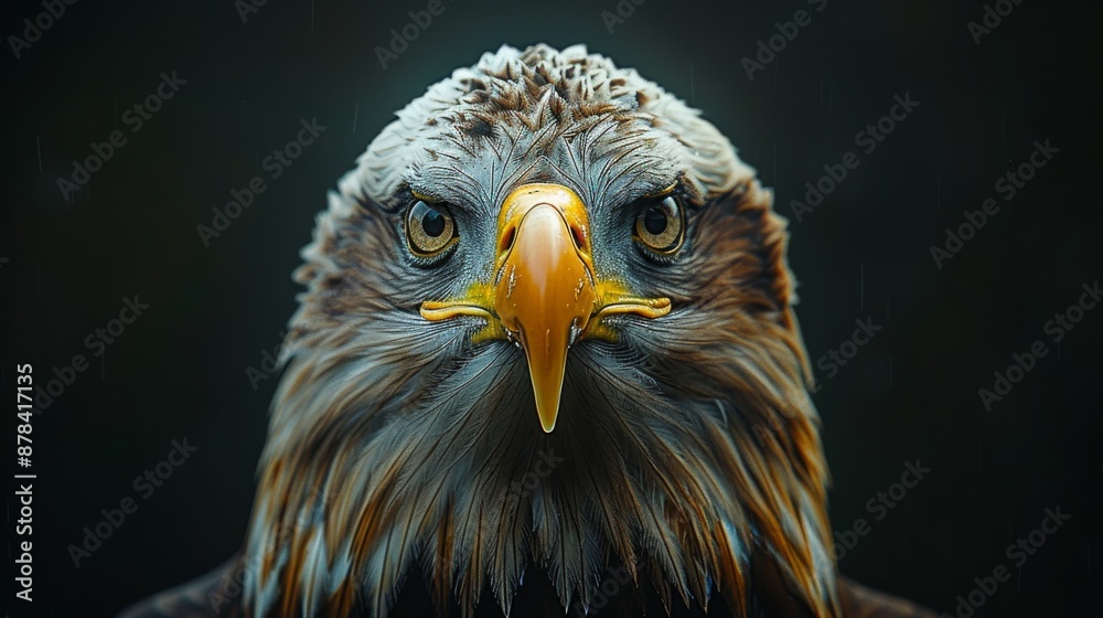 Obraz premium Portrait of a majestic bald eagle staring intensely under a rain shower, showcasing its powerful beak and piercing gaze