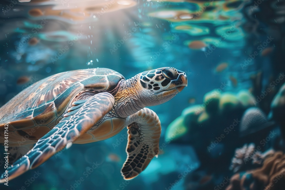 Fototapeta premium sea turtle swimming underwater marine life ocean conservation concept photo