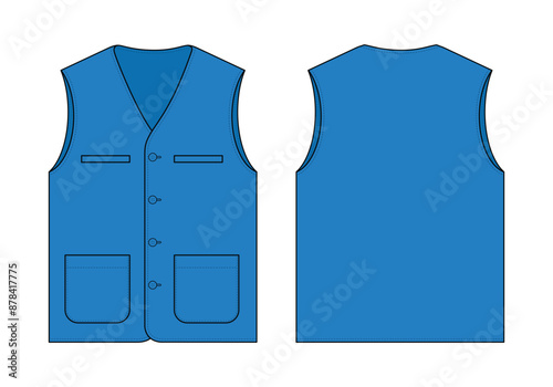 Blue Vest with Multi Pockets Template on White Background. Front and Back Views, Vector File.