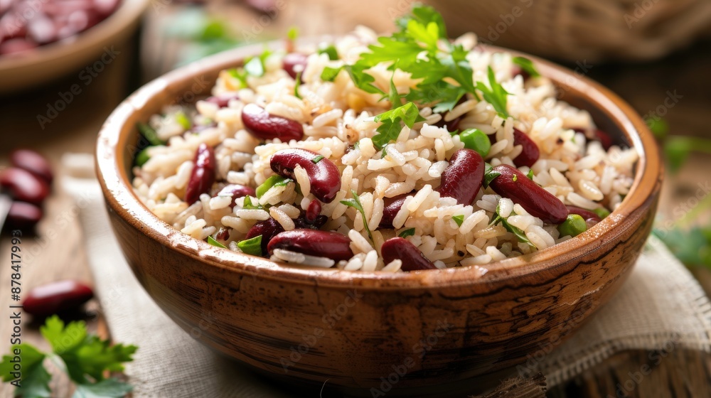 Nutritious Rice and Red Beans Bowl Close-up, Healthy Meal on Wooden Table, Horizontal View Nutritious Rice and Red Beans Bowl Close-up, Healthy Meal on Wooden Table, Horizontal View