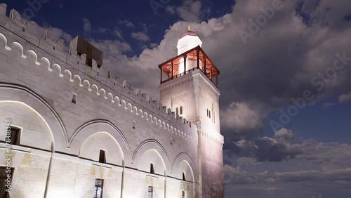 King Hussein Bin Talal mosque in Amman (at night), Jordan.  Against the background of a beautiful sky with clouds. 4K, time lapse   photo