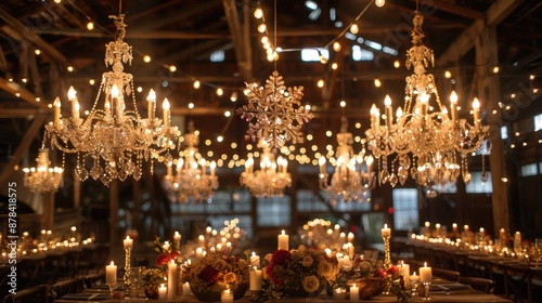 Elegant wedding reception with chandeliers and string lights creating a romantic atmosphere in a beautifully decorated venue.