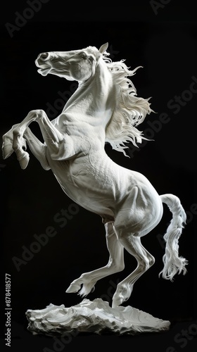 Majestic white horse sculpture standing proudly on hind legs against black background, exuding power and freedom. Elegant statue captures beauty of stallion with flowing mane and tail © Viktoriia