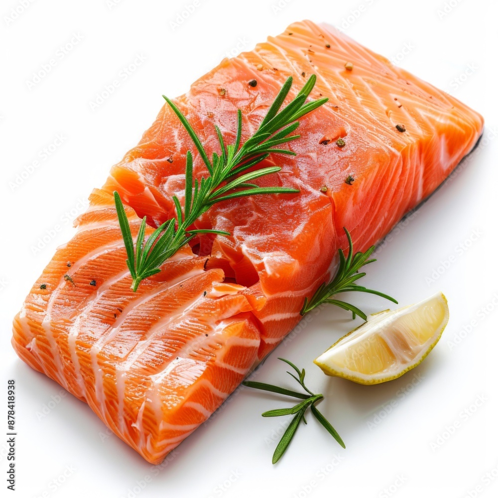 A photorealistic image of a fresh salmon fillet with rosemary and lemon. A photorealistic image of a fresh salmon fillet with rosemary and lemon.