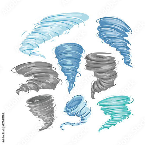 Set of Typhoon, Cyclone, Hurricane and Storm Vector Illustrations, tornado natural disaster concept, tropical storms, typhoons, helix rotary vertigo curvy twister moving spray bend eddy surface.