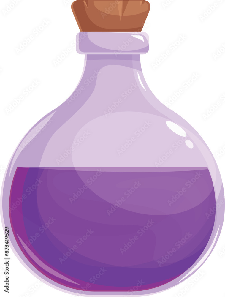 Cartoon style illustration of a round glass flask containing glowing purple potion with cork stopper, isolated on white Cartoon style illustration of a round glass flask containing glowing purple potion with cork stopper, isolated on white