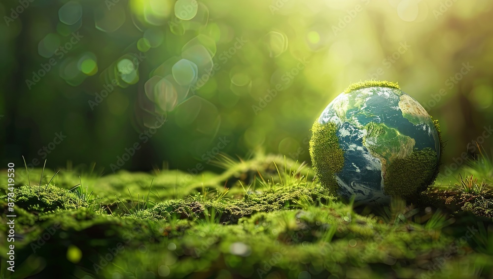 Lush Green Planet Earth with Tree Growing on Moss in Forest Nature Background, Highlighting Environment, Ecology, and World Earth Day Concepts. Green Globe Model Made of Grass or Leaves with Sunlight