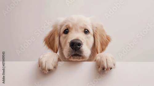 A golden retriever puppy peeking out from behind a white panel against a white background © F