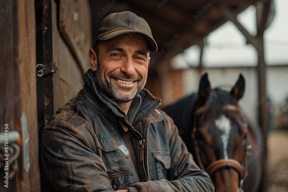 A horse trainer is smiling and posing with a horse in a stable A horse trainer is smiling and posing with a horse in a stable