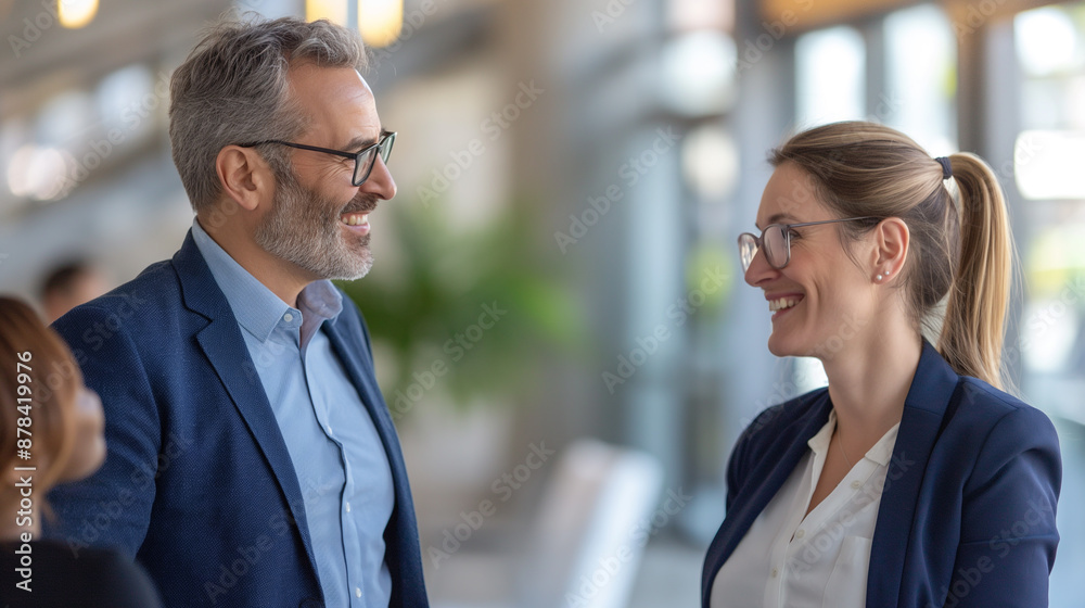 Two individuals chatting in lobby Two individuals chatting in lobby