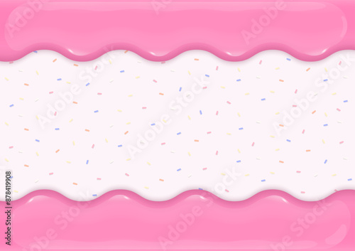 Pink liquid frame with sugar sprinkles background