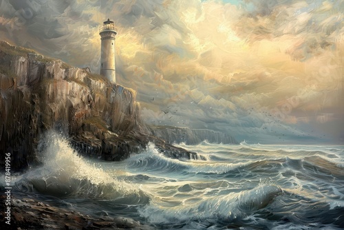 serene coastal landscape with a majestic lighthouse on a rocky cliff waves crashing below oil painting