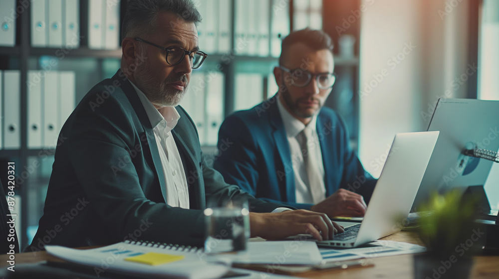 Two males seated working on laptops with documents Two males seated working on laptops with documents