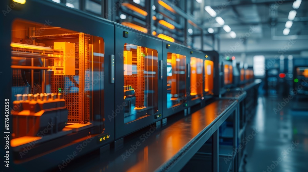 A digital manufacturing plant with 3D printers creating parts close up, focus on, additive manufacturing, realistic, composite, tech lab backdrop A digital manufacturing plant with 3D printers creating parts close up, focus on, additive manufacturing, realistic, composite, tech lab backdrop