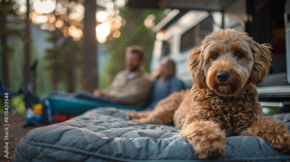 Canine lounging on a sofa in nature at a campsite Canine lounging on a sofa in nature at a campsite