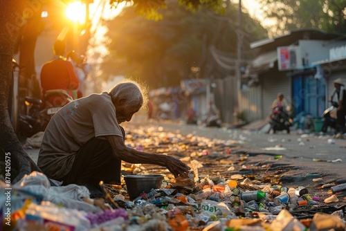 An elderly man collecting trash in a busy street in India at sunset, a powerful image of the harsh realities of poverty