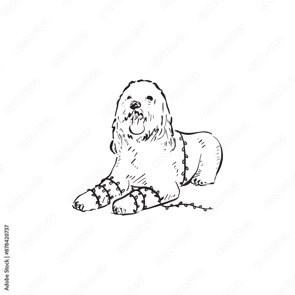 Obraz premium A labradoodle dog with fairy lights wrapped around its body and arms. Christmas or birthday dog. Drawn by hand in a sketchy style.