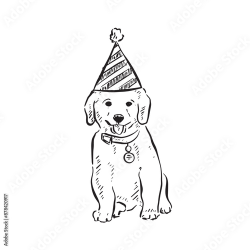 A line drawn sketch of a labrador retriever puppy wearing a party hat with stripes and bobble on the top. Drawn by hand in black and white.