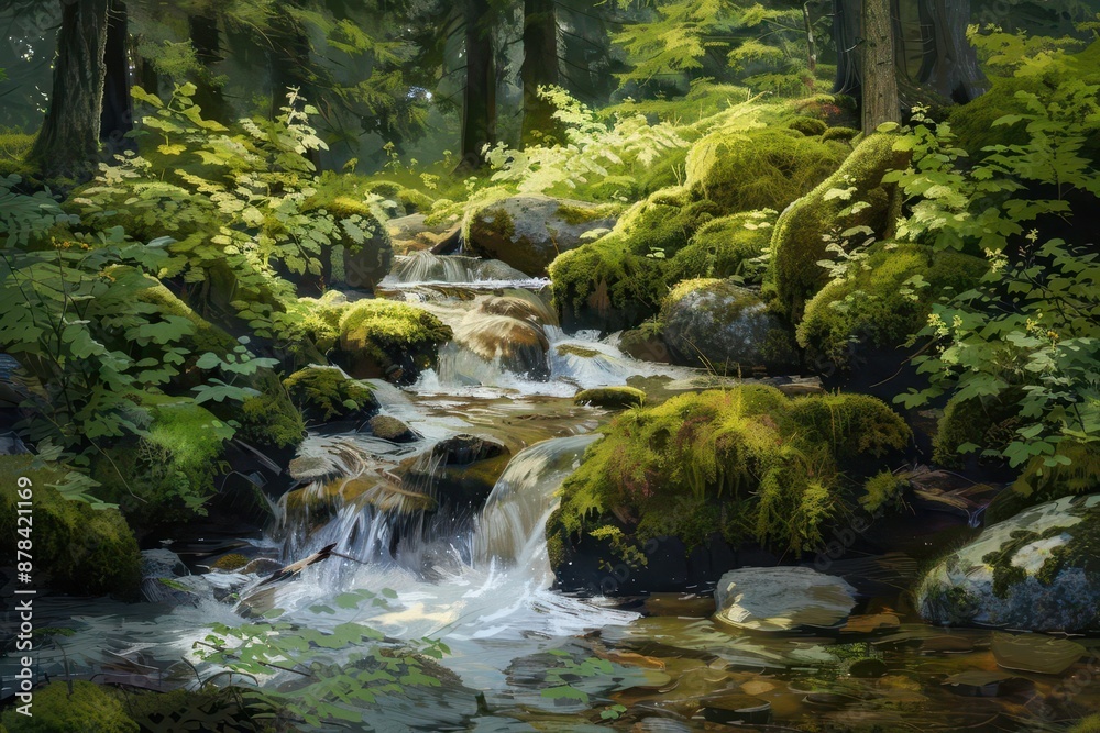 serene forest stream flowing over mossy rocks lush green foliage tranquil nature scene peace relaxation meditation digital painting serene forest stream flowing over mossy rocks lush green foliage tranquil nature scene peace relaxation meditation digital painting
