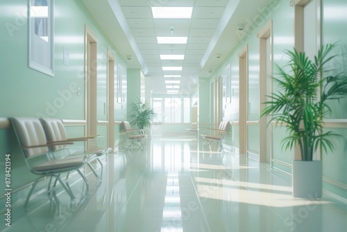 serene hospital corridor bathed in soft natural light minimalist design with soothing color palette creates a calming atmosphere empty chairs await patients symbolizing hope and healing