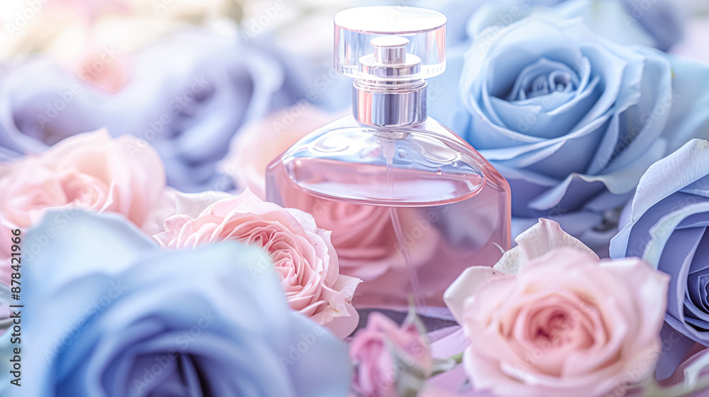 Perfume bottle in flowers, fragrance on blooming background, floral scent and cosmetic product idea Perfume bottle in flowers, fragrance on blooming background, floral scent and cosmetic product idea