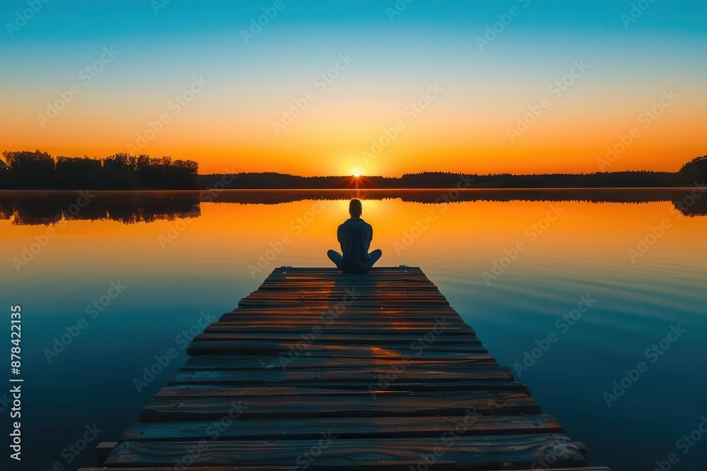 Obraz premium serene lakeside meditation scene at golden hour silhouetted figure on wooden pier reflects in still waters embodying mindfulness and tranquility