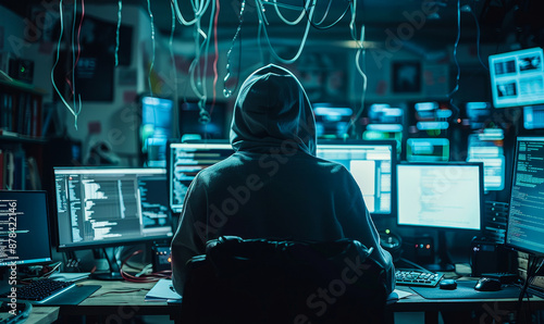 Hooded Hacker Breaking into Corporate Data Servers in Underground Hideout with Dark Atmosphere and Multiple Displays at Night photo