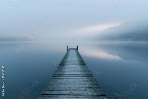 serene lakeside pier at dawn misty atmosphere pastel sky reflected in glasslike water long exposure smooths ripples creating ethereal mirror effect photo