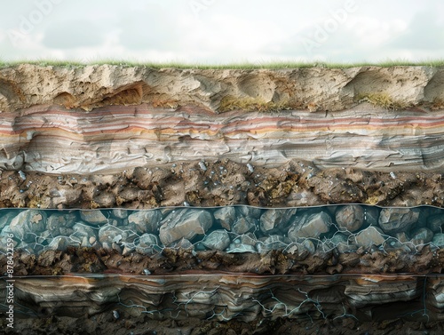 A cross-section of soil and rock layers, featuring underground water flow, with a detailed depiction of geological layers photo